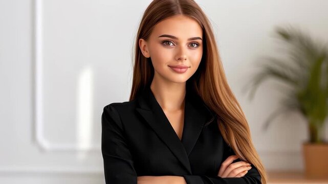 Poised Professional Portrait: A confident and elegantly dressed businesswoman stands with folded arms, exuding an air of sophistication and leadership.