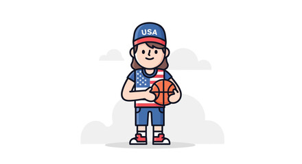 Naklejka premium Cartoon Female Basketball Player with Ball and USA Cap