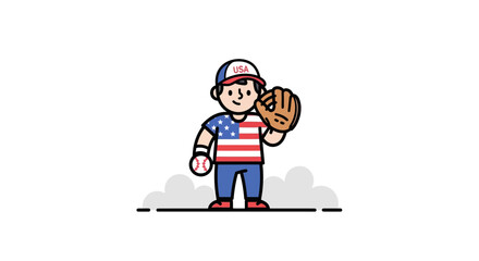 Fototapeta premium Cute Baseball Player Cartoon Illustration with American Flag Uniform