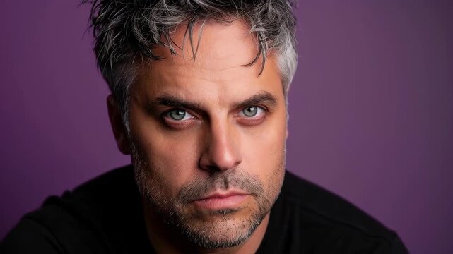 Intense Gaze Portrait: A striking portrait showcases a man's compelling gaze, framed against a backdrop, revealing introspection and depth of character.