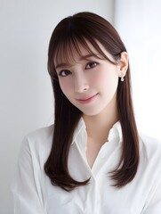 Young woman with long brown hair and white shirt, smiling and looking at camera