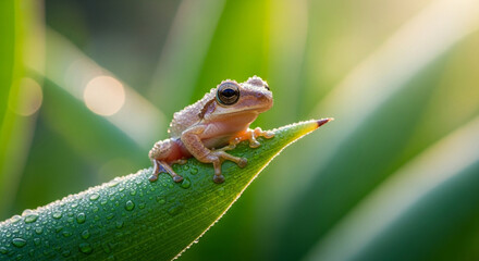 Fototapeta premium Macro photo of a frog clinging to wet leaves and twigs.