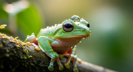 Fototapeta premium Macro photo of a frog clinging to wet leaves and twigs.