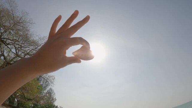 Close-up of a hand holding a delicate seashell against warm golden sunlight on a sandy beach. The glowing sun shines through the shell, creating a soft silhouette and dreamy summer atmosphere. Ocean w