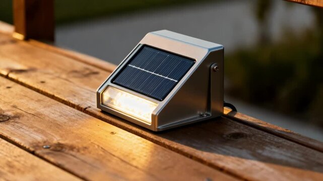 Closeup of solar panel embedded in a sleek outdoor light fixture mounted on a wooden deck highlighting sustainable energy use