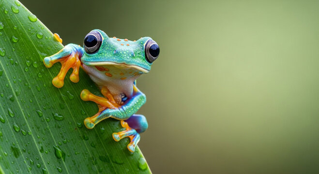 Macro photo of a frog clinging to wet leaves and twigs.