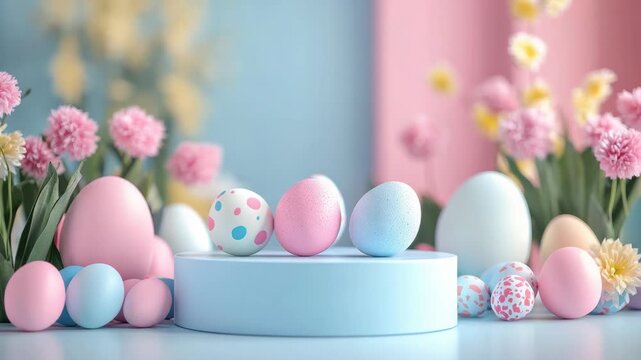 Pastel colored Easter eggs and spring flowers composition for holiday celebration, with painted polka dots and floral patterns for traditional egg hunting family event