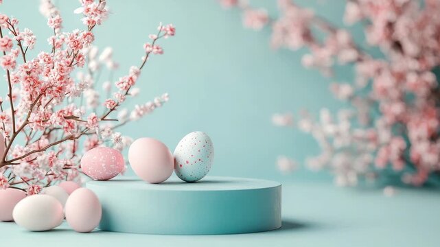 Pastel colored Easter eggs and spring flowers composition for holiday celebration, with painted polka dots and floral patterns for traditional egg hunting family event