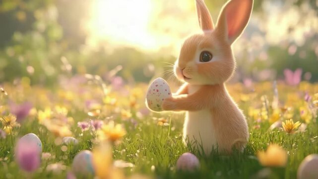 Adorable baby bunny finding a decorated Easter egg in a magical sunny meadow filled with colorful flowers, celebrating the spring holiday and the traditional egg hunt