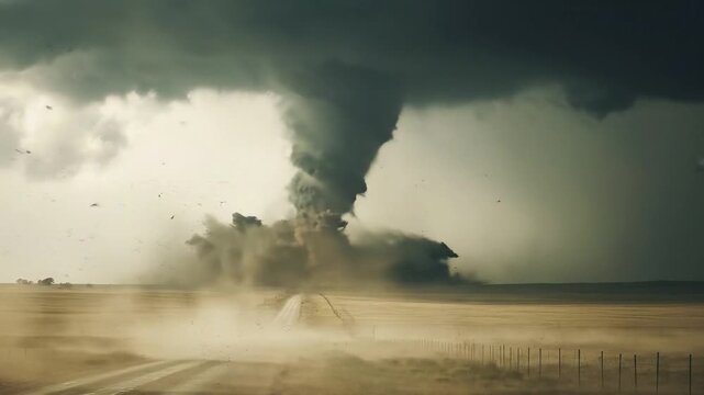 Tornado forms and intensifies over open landscape, swirling debris and dust visible along the road in a dramatic weather event