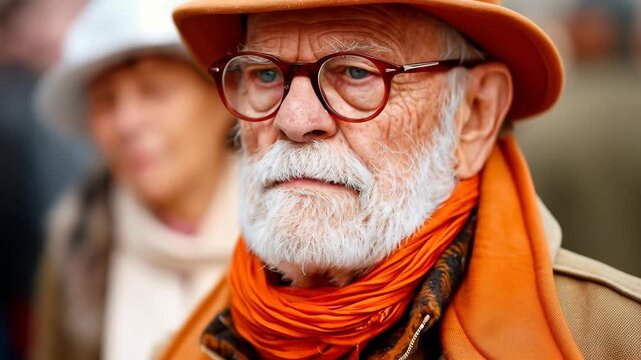 Sophisticated Senior: An elegant senior with a distinguished beard, spectacles, and a stylish hat exudes a captivating charm and wisdom, embodying refined fashion and timeless appeal.