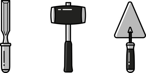 Set of three construction and DIY tools: chisel, mallet, and trowel