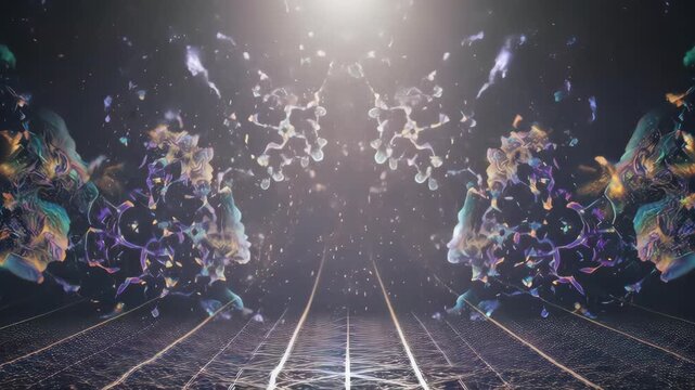 Abstract, perspective view of a patterned surface with floating particles