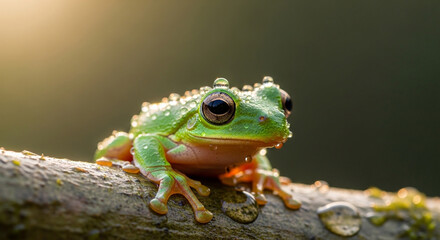 Obraz premium Macro photo of a frog clinging to wet leaves and twigs.