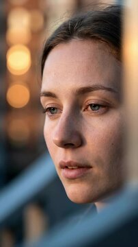 Pensive young woman portrait with high skin texture looking away against blurred city lights for mental health wellness and cinematic urban storytelling concept in vertical format.