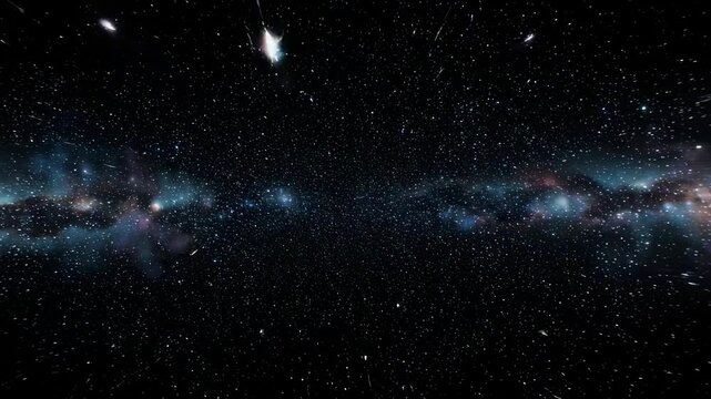 A vast expanse of space filled with stars, nebulae and streaks of light