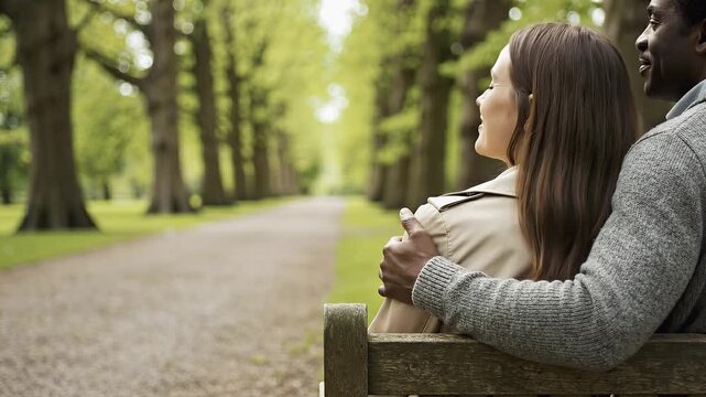 Couple enjoying a peaceful moment on a park bench surrounded by lush trees, showcasing affection and connection in a serene outdoor setting