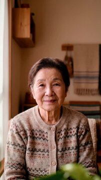 Smiling senior Japanese woman wearing a patterned cardigan sitting in a cozy authentic home with an indoor plant for elderly wellness and authentic local flavor storytelling