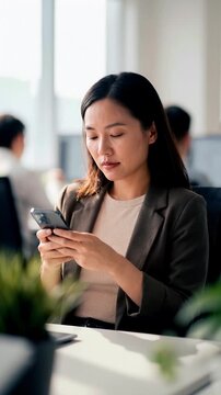 Smiling young Asian businesswoman in a blazer using a smartphone at her desk in a bright modern office with plants for professional communication and corporate connectivity concept