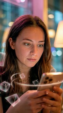 Smiling young woman using smartphone with immersive augmented reality three dimensional geometric shapes and neon glowing rings in a cozy pink cafe for future technology digital connectivity concet