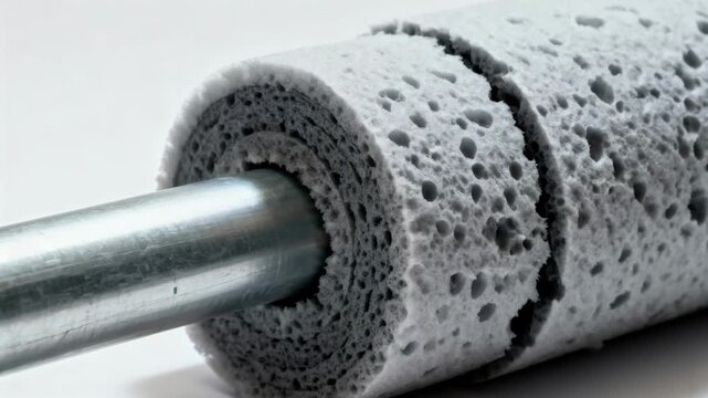 Closeup medium shot of foam insulation wrapped around a metal pipe highlighting texture and soundproofing qualities for industrial noise control.