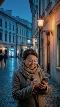 Smiling mature woman using smartphone on a historic cobblestone street at night with warm lantern light for authentic travel and local connectivity concept