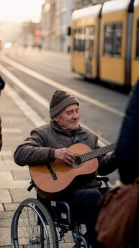 Smiling elderly man in a wheelchair playing acoustic guitar on a sunny city street with a yellow tram in the background for inclusive lifestyle and authentic urban busking concept