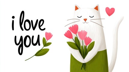 Cat character holding pink tulip flowers, with i love you typography and heart symbol, valentine day
