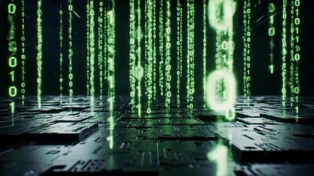 Luminescent green binary code cascades over an infinite dark metallic grid in deep shadows. Downward tilt reveals a futuristic digital world. Concept of data processing power
