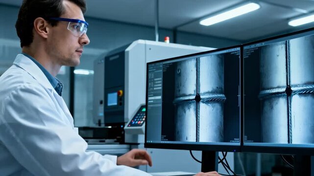 Radiographic testing in progress with engineer reviewing Xray images of welded joints to detect internal flaws and confirm build quality.