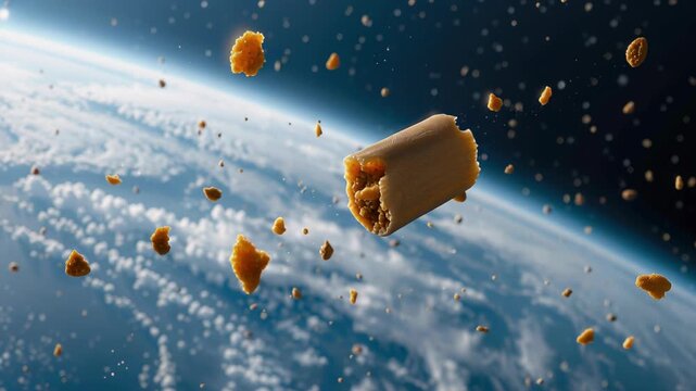Cosmic Snack: A lone wrap floats majestically in the vast expanse of space, surrounded by celestial crumbs. It's a whimsical fusion of the familiar with the extraordinary.
