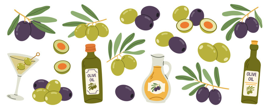 Colorful vector set of flat olive icons, oil bottles, and Mediterranean appetizers. Includes green and black olives, martini glass, and olive oil jars for restaurant menus and food branding.