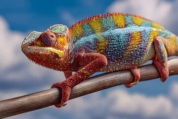 Colorful Chameleon on a Branch Under a Blue Sky