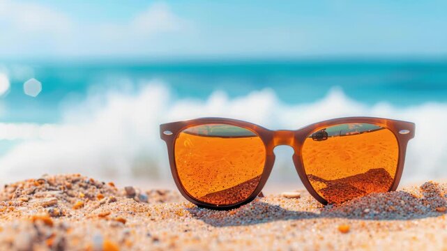 Sunglasses on the Shore: A pair of sunglasses rests on the sandy shore, capturing the essence of a serene beach scene, with the turquoise ocean waves providing a stunning backdrop.