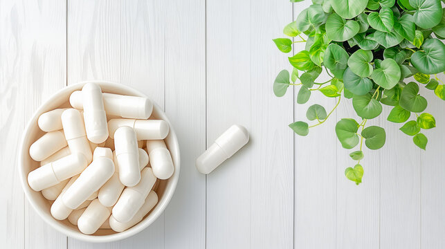 White capsules in ceramic bowl on light wooden table with green plant. Dietary supplement and healthcare concept, natural medicine alternative with copy space.