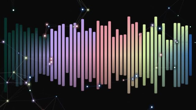 Vibrant sound wave graphic with multicolored bars and stars on a black background with a white border at the bottom.