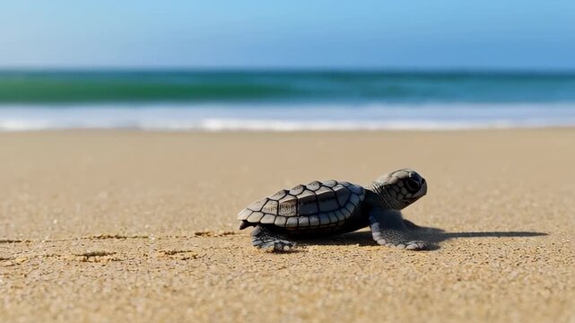Baby Turtle's Ocean Journey: A tiny sea turtle begins its epic journey towards the ocean, leaving a trail of determination and hope on the warm, sandy shore. Capturing the start of a life.