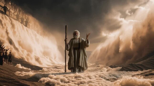 Moses standing confidently at the center of a massive dry path through the Red Sea