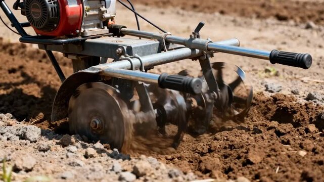 Closeup medium shot capturing the powerful reartine rototiller as it breaks up compacted earth showcasing the robust build and ergonomic handles.