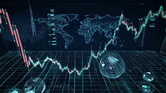Global data visualization with world maps, charts, and spheres in a futuristic style