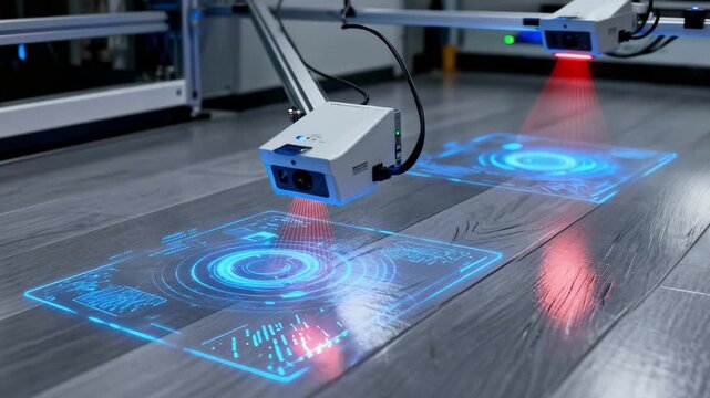 Medium shot of a vinyl floor under AI surveillance detecting subtle surface deformities and wear patterns with cuttingedge machine learning analysis.