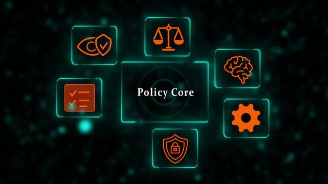 Futuristic HUD Interface Displaying Policy Core Concepts With Icons Representing Neuroscience Privacy Security Justice Compliance Technology And Neural Data Governance
