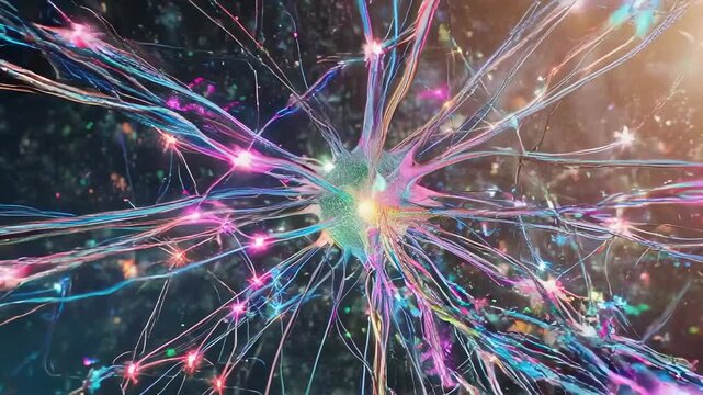 Colorful, interconnected network of glowing strands in a dark, starry cosmos