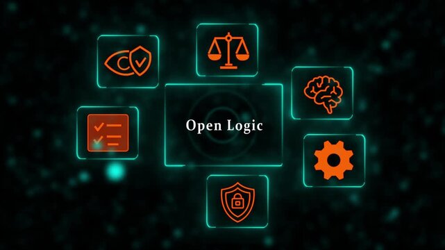 Futuristic HUD Interface Displaying Open Logic Concepts With Icons Representing Neuroscience Privacy Security Justice Compliance Technology And Neural Data Governance
