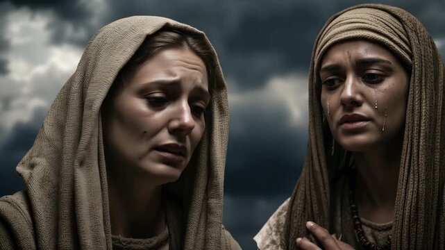 Two women in biblical attire crying and looking at the sky. Cinematic scene of grief and mourning under a stormy sky. Religious and historical sorrow concept