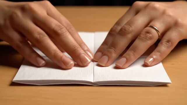 Folded paper sections. Extreme close-up of paper being folded methodically into equal parts, highlighting texture and alignment.