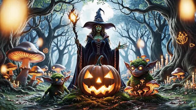 Witch holding staff with pumpkin and goblins in enchanted forest night