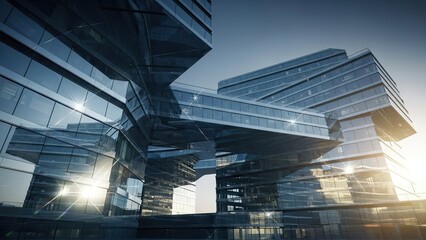 Fototapeta premium A modern glass building with a unique design and urban landscape
