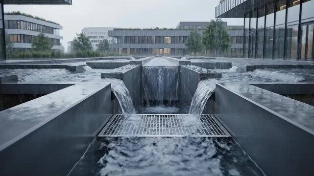 Rainwater harvesting system. Rainwater drains from rooftops into visible channels, forming a calm, organized flow pattern.