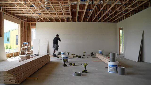 A static wide-angle time-lapse video of white plasterboard installation in a vast, empty modern building interior. Materials on rough concrete floor, natural light. Architectural progress concept